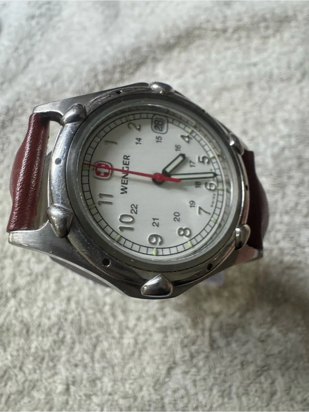 Wenger White Dial Watch with Brown Strap and Red Accent